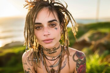 a woman with tattoos and piercings sitting on a grassy hill