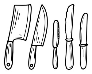 Set of kitchen knives hand drawn doodle. Food cutting device. Tableware. Knife for chopping meat and vegetables. Kitchen utensils. Household appliance. Vector sketch line art illustration.