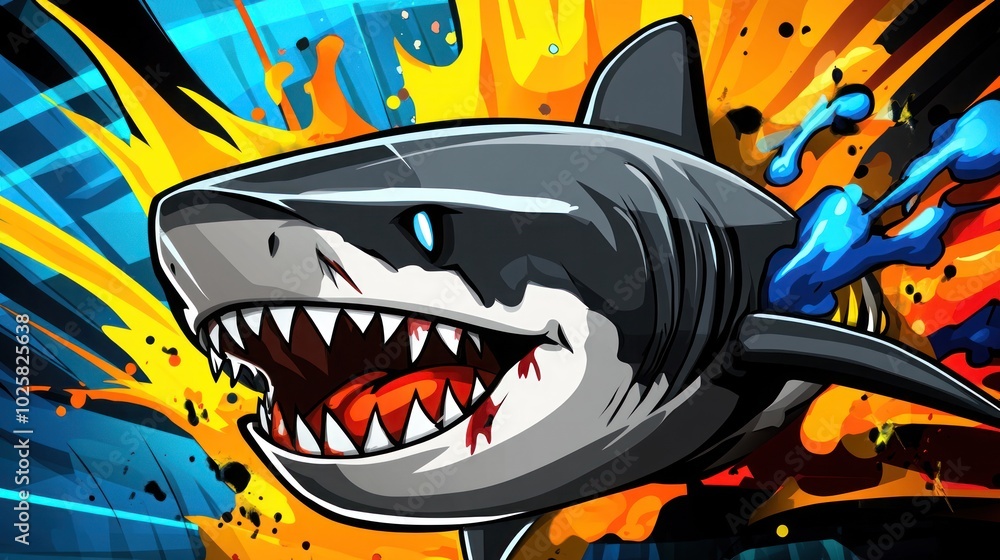 Poster a cartoon shark with a fierce expression surrounded by an abstract splash of colorful paint.