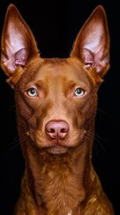 Obraz premium A tight shot of a brown canine's visage, boasting blue eyes and a head covered in fur of the same hue