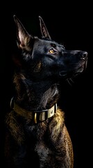 Fototapeta premium A black-and-brown dog gazes upwards, collar gleaming gold, against a backdrop of uninterrupted blackness