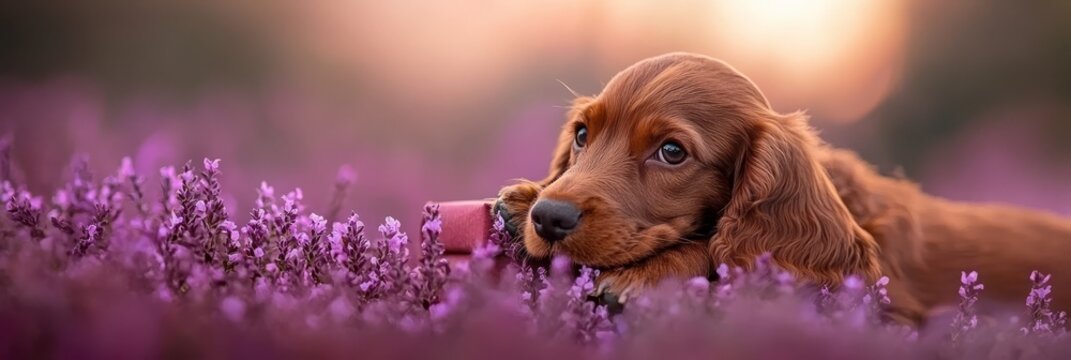  A tight shot of a dog reclining in a flower-filled meadow, its head propped on a bone