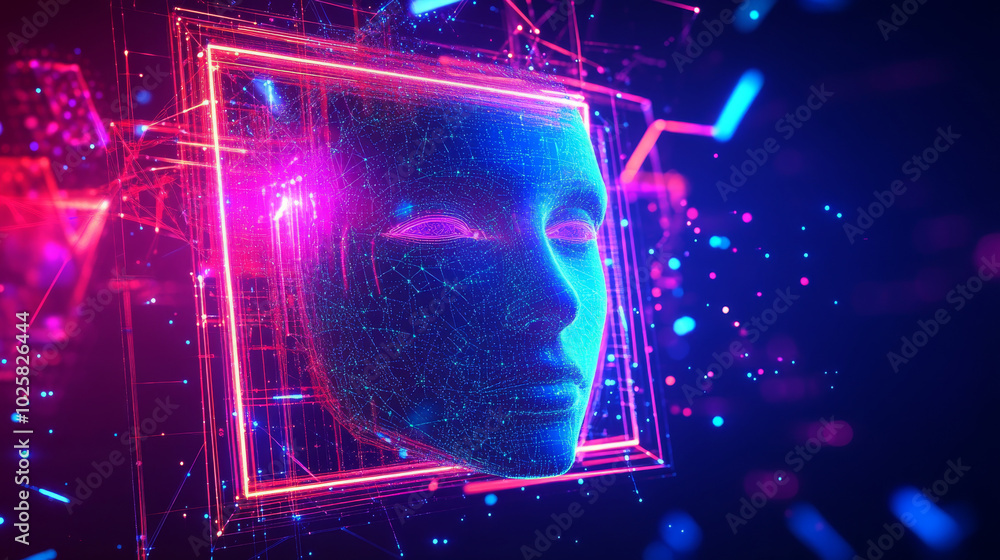 Poster a futuristic neon square frame with an ai face and 3d geometric shapes floats in cyberspace. this ab