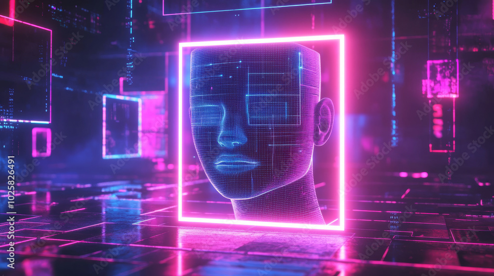 Poster a futuristic neon square frame with an ai face and 3d geometric shapes floats in cyberspace. this ab