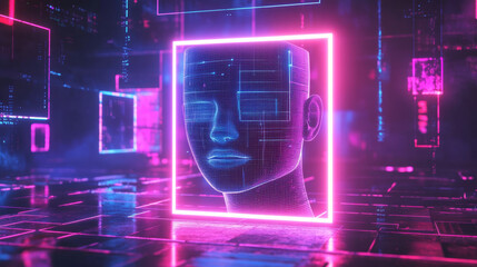 A futuristic neon square frame with an AI face and 3D geometric shapes floats in cyberspace.  This abstract background represents the digital world and artificial intelligence.