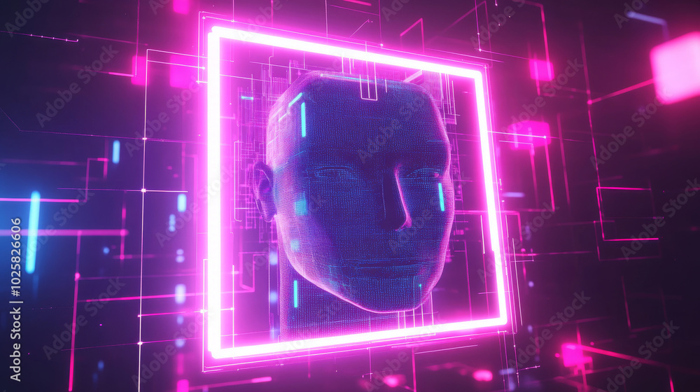 Poster a futuristic neon square frame with an ai face and 3d geometric shapes floats in cyberspace. this ab