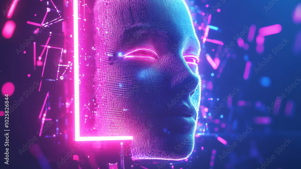 Poster a futuristic neon square frame with an ai face and 3d geometric shapes floats in cyberspace. this ab