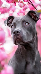  A tight shot of a dog before a tree, adorned with pink blossoms in the foreground, and a rosy sky overhead