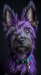 Naklejka premium A tight shot of a small pooch with purple fur and a blue collar gazing into the camera with a grave expression