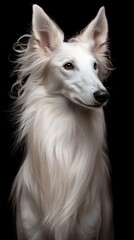 Fototapeta premium A tight shot of a white dog with lengthy fur on its head, gazing directly at the camera against a black backdrop