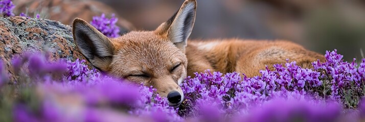  A tight shot of a dog reclining in a floral field, its head atop a stone