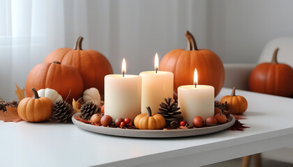 Candles and autumn details in the interior of an apartment