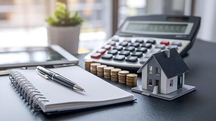 tax day background,House model, house placed on a white surface, next to a calculator, a pencil, and some coins, symbolizing home finances, budgeting, or real estate planning.	