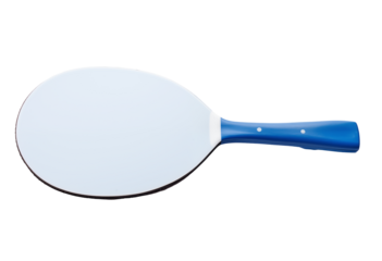 A paddle with a smooth surface and a blue handle, used for playing racquet sports, featuring a sleek design for enhanced grip and control