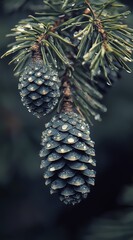 Obraz premium A tight shot of a pine cone on a tree branch, adorned with water droplets on its leaves