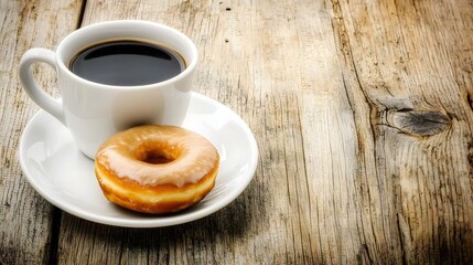 Obraz premium Donut and Coffee Break: A donut resting on a saucer next to a coffee cup. The pause in a busy day, savoring the simple pleasures. Copy space on the saucer. 