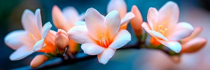 Fototapeta premium A tight shot of flower blooms on a branch, petals dotted with water beads, backdrop softly blurred