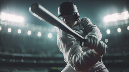 Close-Up of Professional Baseball Player in Uniform, Intensely Focusing on Bat, Ready to Hit Pitch in High-Stakes Playoff Game, Stadium Lights Bright, Shadows on Field