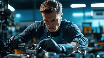 A mechanic works on a car engine in a garage, focused on his task with a serious expression.