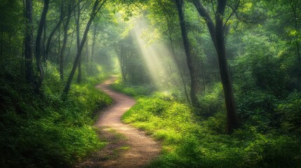 Obraz premium A winding path through a lush green forest, bathed in sunlight.