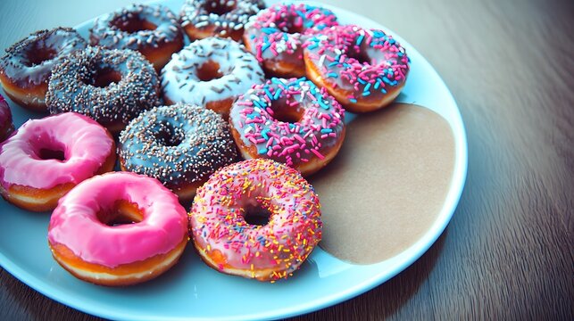 Mini Donuts on a Plate: A plate filled with mini donuts&mdash;bite-sized delights. Each one a tiny explosion of flavor. Empty space on the plate. 