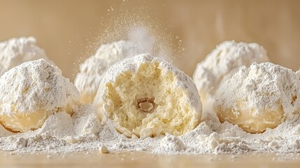 Powdered Sugar Explosion: A powdered sugar-covered donut being bitten into, creating a delightful mess. The joy of indulgence captured mid-bite. Copy space around the action. 