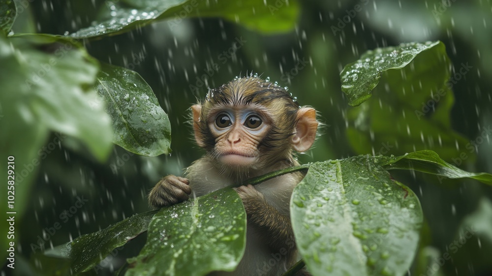 Poster a small monkey sits in a tree with rain falling around it.