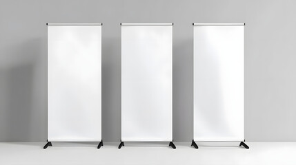 Three white banners are standing on a gray wall