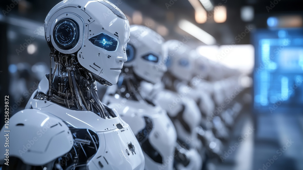 Poster advanced robots, controlled by a virtual system, work together in a digital world. a lifelike robot,