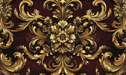 Ornate gold floral design on red background.