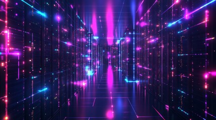 Fototapeta premium Neon-Lit Server Room Corridor with Glowing Lines