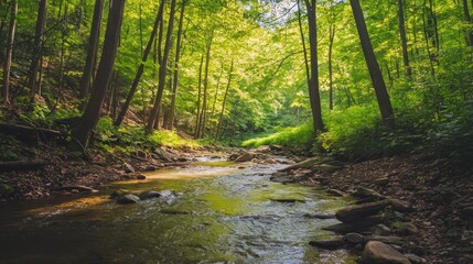 Fototapeta premium A small, clear creek flows through a lush, green forest. Sunlight filters through the dense canopy, casting dappled light on the water and surrounding foliage.