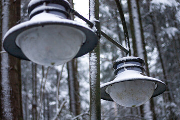 street lamps in the park are covered with snow