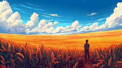 Fototapeta premium A lone figure stands in a golden wheat field under a bright blue sky filled with fluffy clouds, capturing a serene moment of nature's vast beauty and solitude.