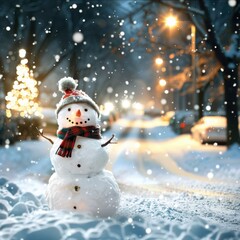 Obraz premium a snowman is standing in the snow with lights on