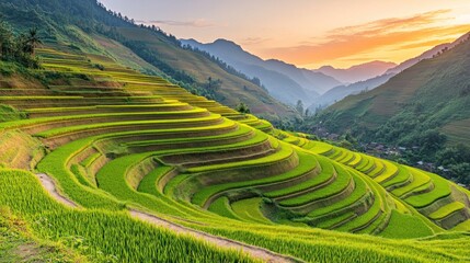 Fototapeta premium Lush Green Rice Terraces in Mountainous Landscape at Sunset
