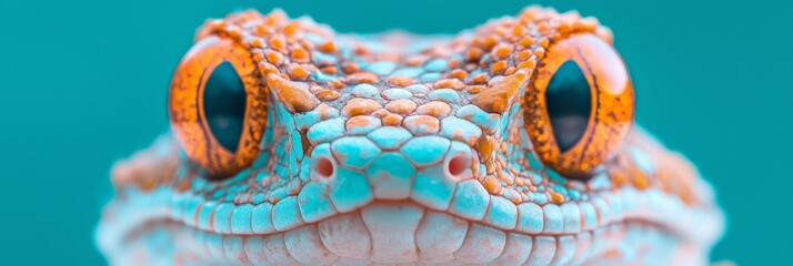 Naklejka premium A tight shot of a lizard's face, adorned with orange and blue markings around its features, and distinctively colored eyes