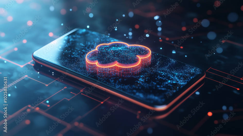 Poster a smartphone with a 3d cloud icon above it. this shows how a phone uploads data to the internet for 