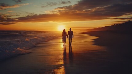 A couple walks hand-in-hand along a sandy beach as the sun sets in the distance, casting a warm glow over the water.