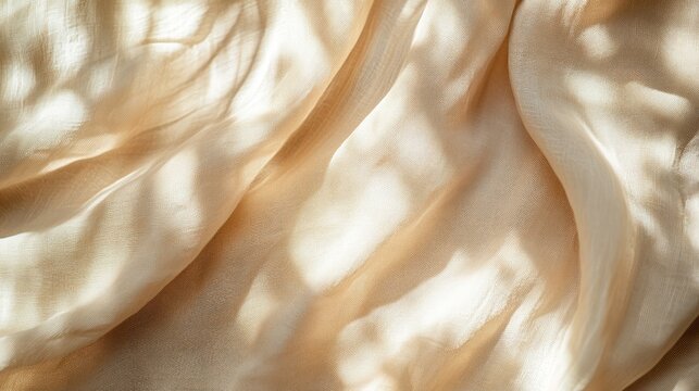 Beige linen fabric with soft folds, adorned by delicate floral patterns, illuminated by gentle sunlight, creating a serene bohemian backdrop for summer celebrations.