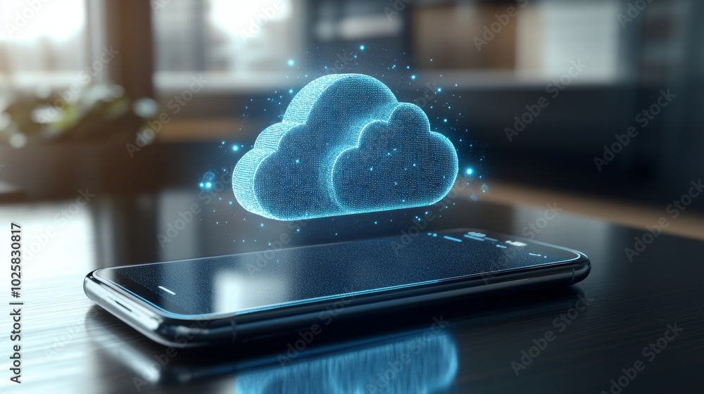 Poster a smartphone with a 3d cloud icon above it. this shows how a phone uploads data to the internet for 