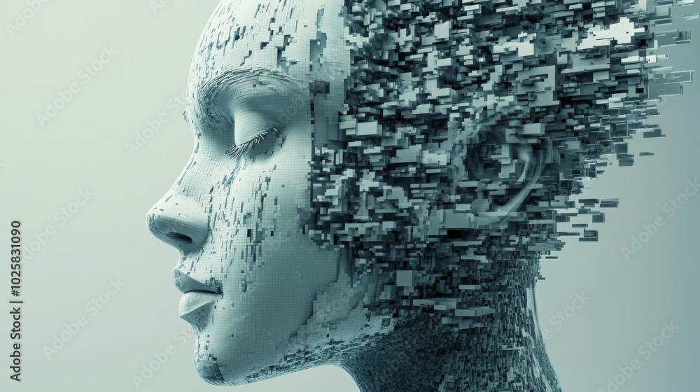 Poster a simple, blocky image of an ai face represents the idea of artificial intelligence technology. it s