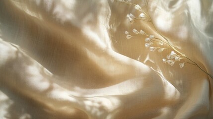 Obraz premium Beige linen fabric texture with soft folds, enhanced by natural floral elements and gentle sunlight shadows, perfect for a summer wedding bohemian ambiance.
