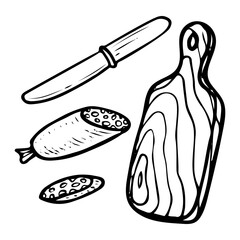 Sausage cervelat hand drawn doodle. Wooden cutting board, knife. Meat beef or pork food with fat. Dry cured sausages. Cut off slice. Salami. Spicy snack. Vector sketch line art illustration.