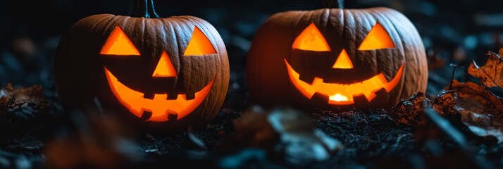  Two jack-o-lanterns, carved from pumpkins, perch atop a mound of leaves against a dark backdrop