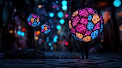 Fototapeta premium Colorful glowing orbs in a whimsical garden setting at night.
