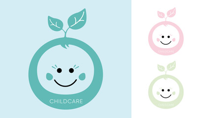 Cute vector childcare logo with a stylised baby face and leafs isolated on white background. Nursery or daycare logo. Pastel colors. Vector illustration.