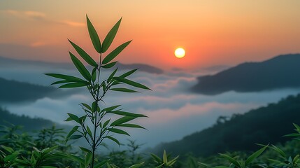 Obraz premium A single plant stands tall against a backdrop of mountains and clouds at sunrise.