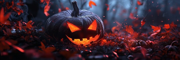  A jack-o-lantern pumpkin sits in the heart of a sea of leaves, its glowing gourd beaming at their center