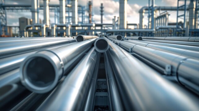 Close-up of metallic pipes at an industrial facility